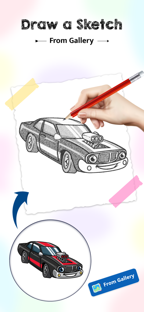 AR Drawing: Sketch with Camera - Una mano usando un lápiz para dibujar un coche en papel utilizando una imagen de la galería