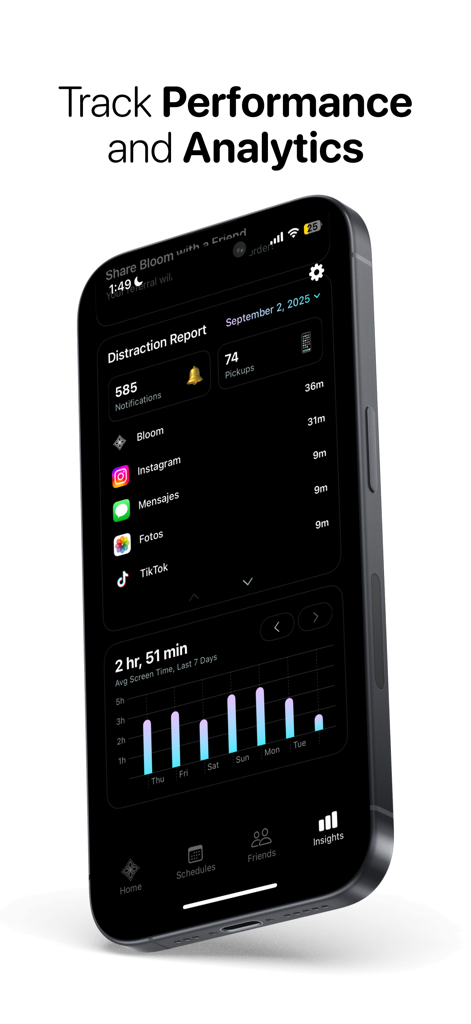 Bloom - Conquer Screen Time - Bloom app dashboard showing a distraction report with app usage statistics and a weekly screen time performance graph.