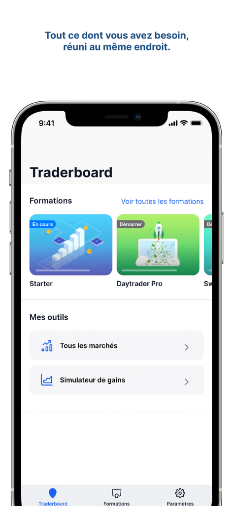 ALTI TRADING - Mobile interface of the ALTI TRADING app showing the Traderboard with trading courses and financial tools