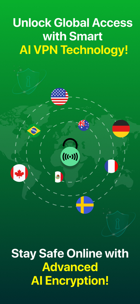 iLove VPN Wi-Fi Fast Free Wifi - iLove VPN app screen promoting global access and AI encryption with a world map and various country flags