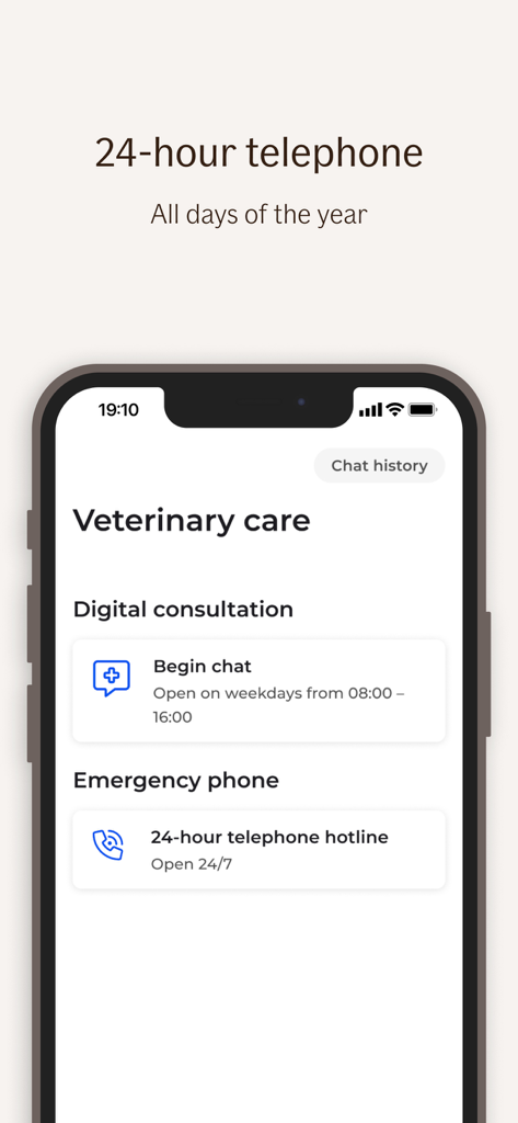 If Djurhjälpen - Interfaz de la aplicación If Djurhjalpen que muestra opciones de atención veterinaria que incluyen consulta por chat digital y una línea de emergencia las 24 horas