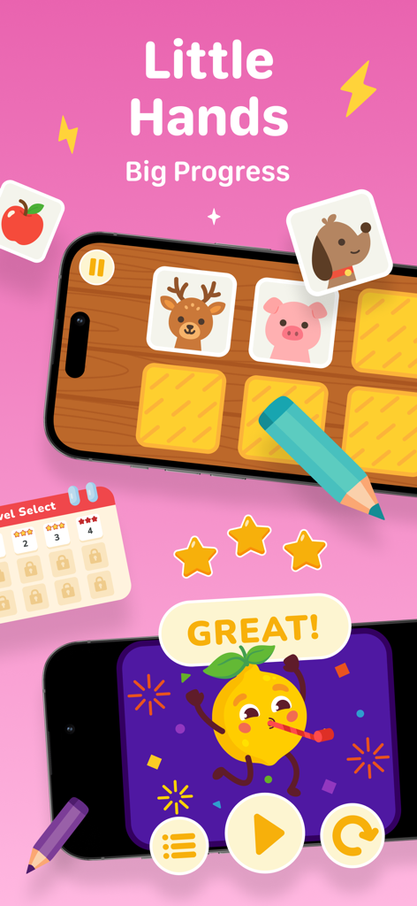 Interfaz de juegos de aprendizaje preescolar con rompecabezas de memoria y pantallas de éxito para niños