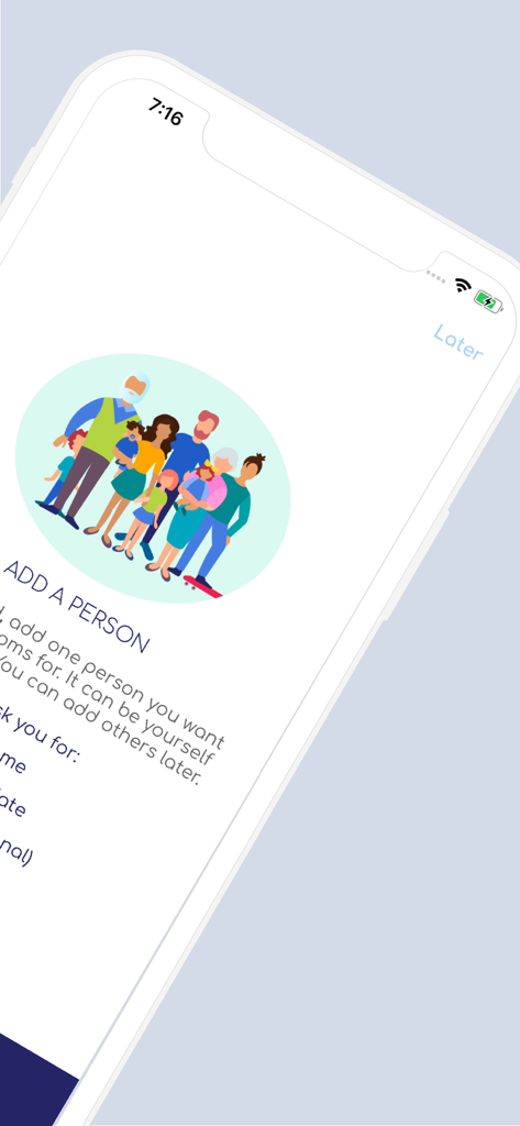 Screen in the Talli Health app showing an Add a Person feature with a multi generational family illustration