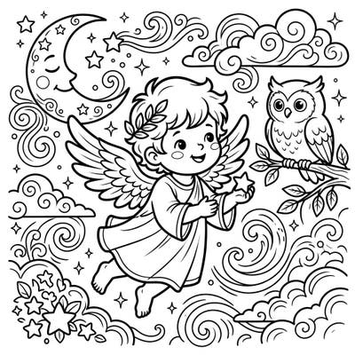 Let your child's imagination soar with this delightful cherubim coloring page set against a serene night sky. Featuring a friendly owl and twinkling stars, it's perfect for a creative and relaxing activity.