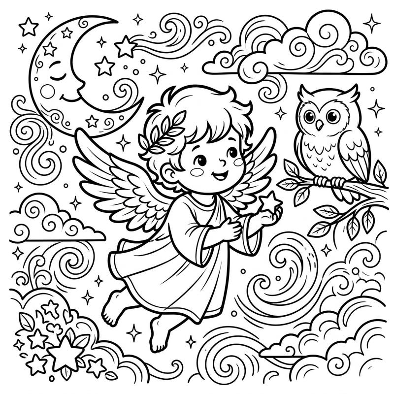 Let your child's imagination soar with this delightful cherubim coloring page set against a serene night sky. Featuring a friendly owl and twinkling stars, it's perfect for a creative and relaxing activity.