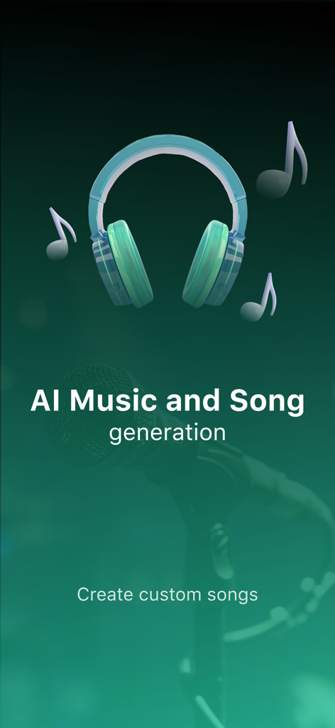 AI Music and Song generation screen featuring turquoise headphones and a microphone