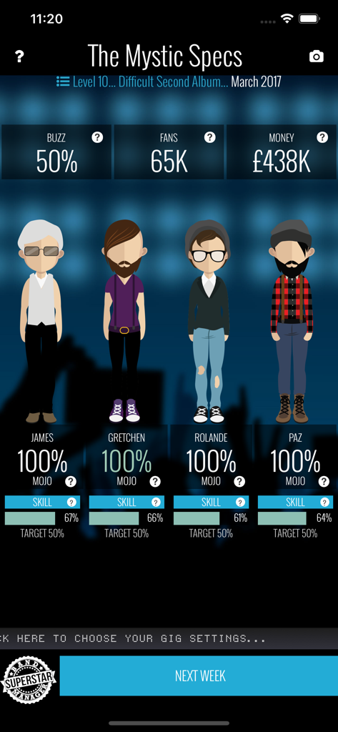 Superstar Band Manager - Panel de juego de Superstar Band Manager que muestra estadísticas de la banda y el estado de los miembros