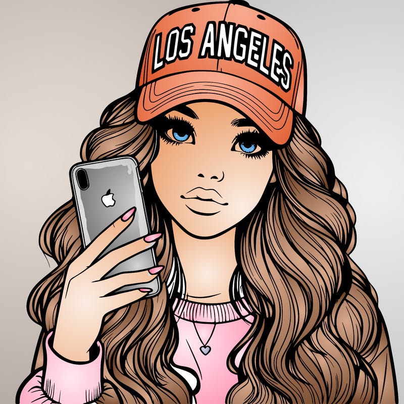 realistic beautiful girl wearing los ángeles cap holding an iphone