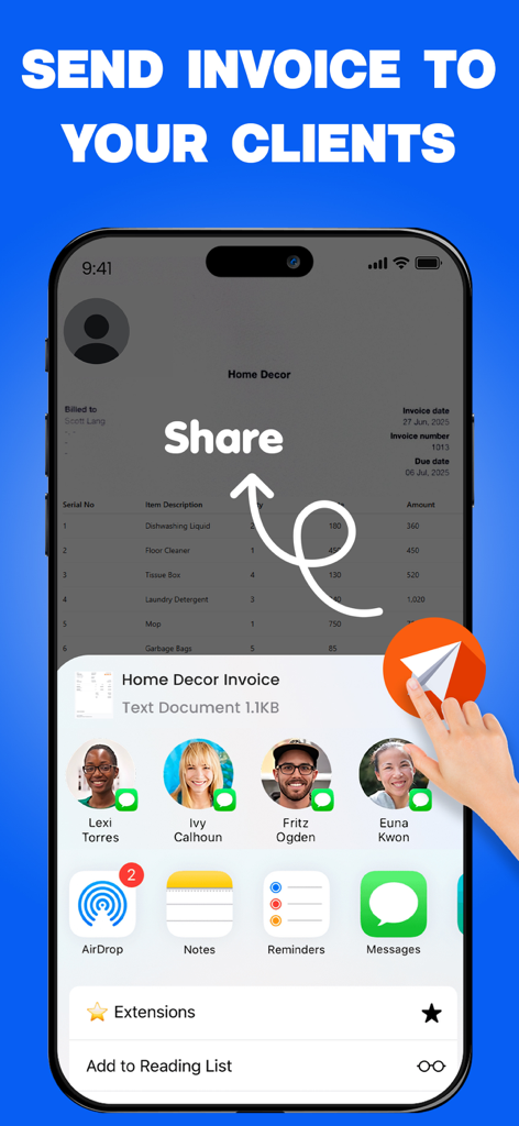 Invoice Creator, Receipt Maker - A smartphone screen displaying the share menu to send a home decor invoice to clients via messages and other apps