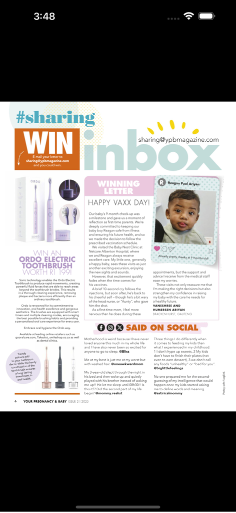 Your Pregnancy SA - Página de la comunidad de la revista Tu Embarazo SA que presenta cartas de lectores y un concurso de sorteo en la aplicación Tu Embarazo SA.