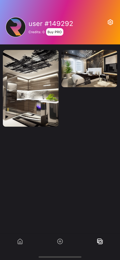 RoomStylerAI - Interior Design - RoomStylerAI app user profile screen showing saved interior design concepts for a kitchen and bedroom