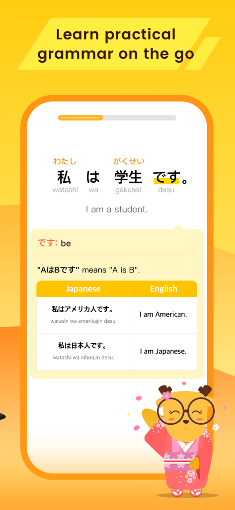 LingoDeer app interface showing a Japanese grammar lesson with translation examples and a mascot character