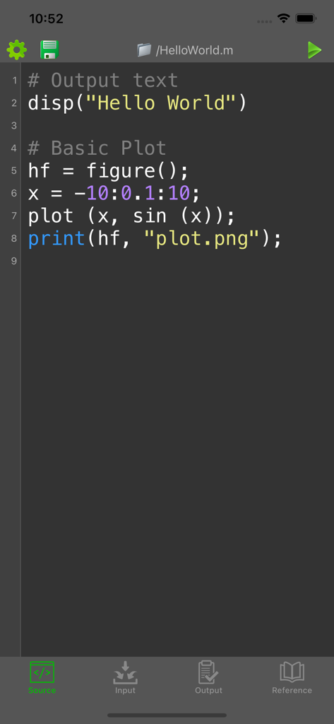 Madona: Run MATLAB/Octave code - Mobile editor showing MATLAB code for a hello world message and a sine wave plot