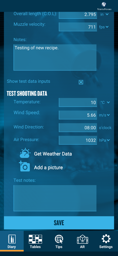Vihtavuori Reload - Interface para registrar dados de teste de tiro e condições ambientais no aplicativo Vihtavuori Reload