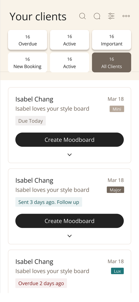 Oberfläche der Wishi Styling App zeigt das Kundenverwaltungs-Dashboard mit Buchungsstatus und Moodboard-Optionen