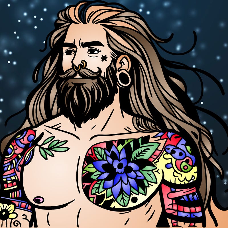 tattooed man with long hair and beard shirtless