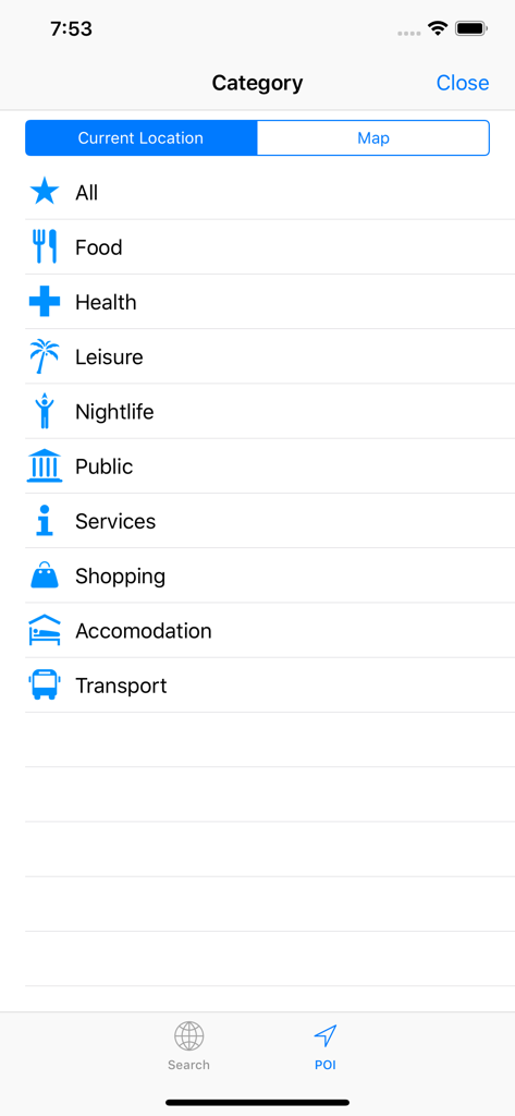Point of interest categories in myTracks GPS logger