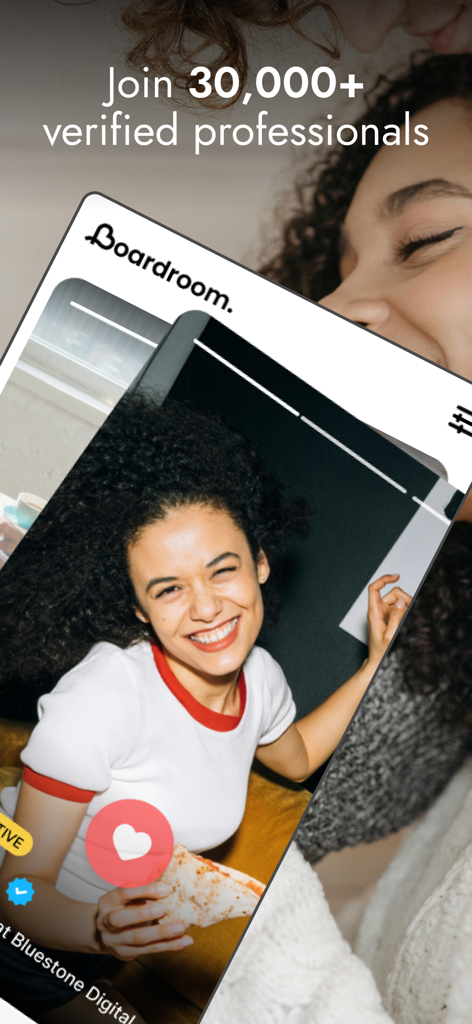 Tela promocional do aplicativo de namoro Boardroom mostrando um perfil de profissional verificado e o texto Junte-se a trinta mil membros