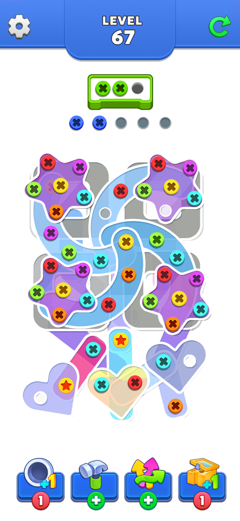 Gameplay of Unscrew Puzzle Pin Jam showing colorful glass star and heart shapes with matching colored screws and a green toolbox.