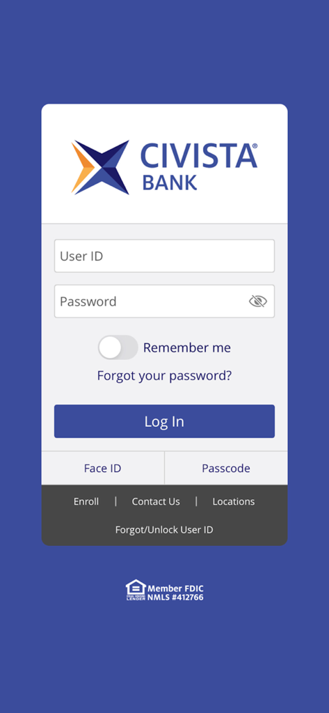 CB-Mobile Banking - Login screen of the Civista Bank mobile app featuring user ID and password fields with biometric Face ID login options.