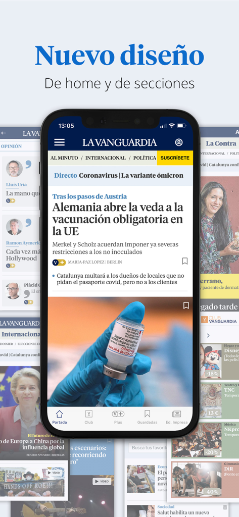 La Vanguardia - Interfaz de la aplicación de noticias La Vanguardia que muestra el nuevo diseño de la pantalla de inicio en un smartphone