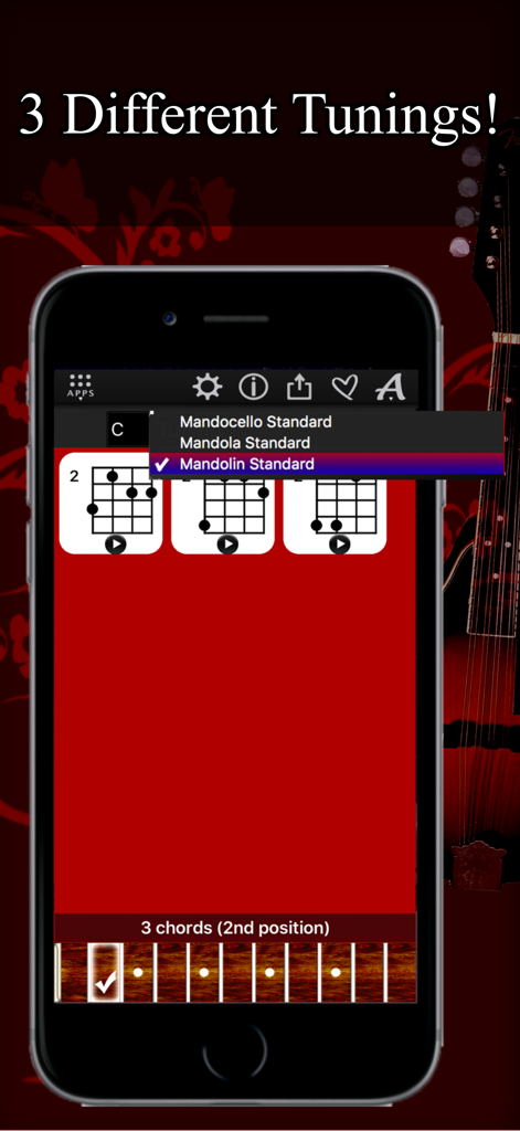 Mandolin Chords Compass - Un'interfaccia mobile per Bussola Accordi Mandolino che mostra le opzioni di accordatura standard per Mandolino, Mandola e Mandocello.