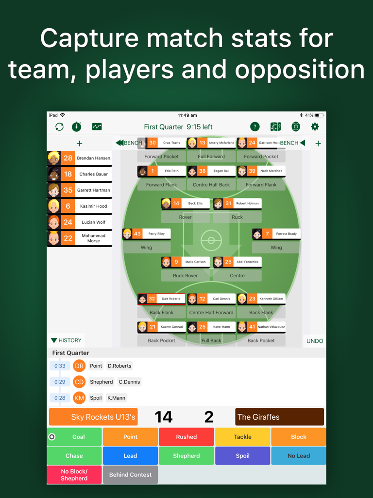 Great Coach AFL - AFL coaching app interface for tracking game statistics and player formations