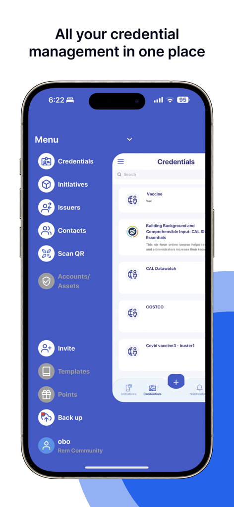 REM ID CREDENTIAL - REM ID CREDENTIAL app interface showing the side menu and a list of digital credentials like vaccine records and professional certifications.