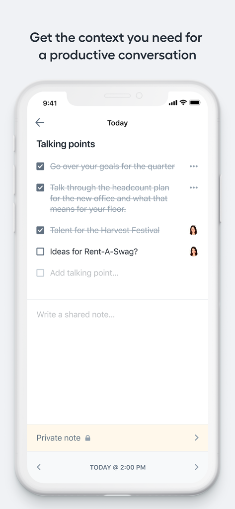 Lattice app screen displaying a 1:1 meeting agenda with checklist talking points and shared notes