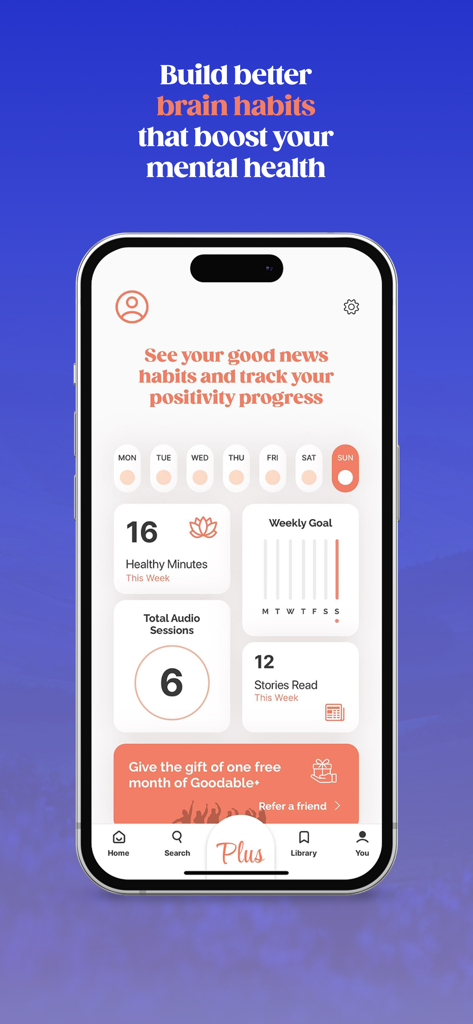 Goodable: The Happiness App - Goodable app dashboard showing positivity progress tracking including healthy minutes and weekly goals