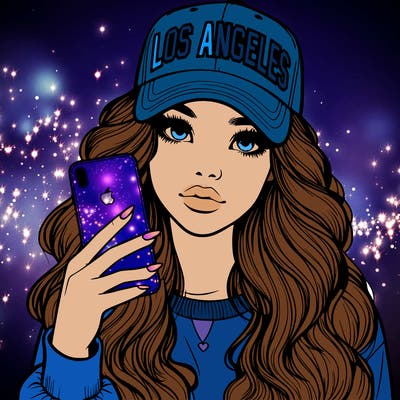 realistic beautiful girl wearing los ángeles cap holding an iphone