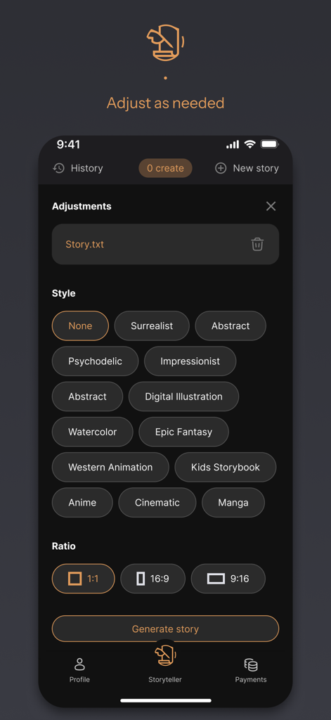 Sibyl AI - Interfaz de la función Narrador de Sibyl AI mostrando botones de selección de estilo de arte como surrealista y psicodélico para generar narrativas espirituales