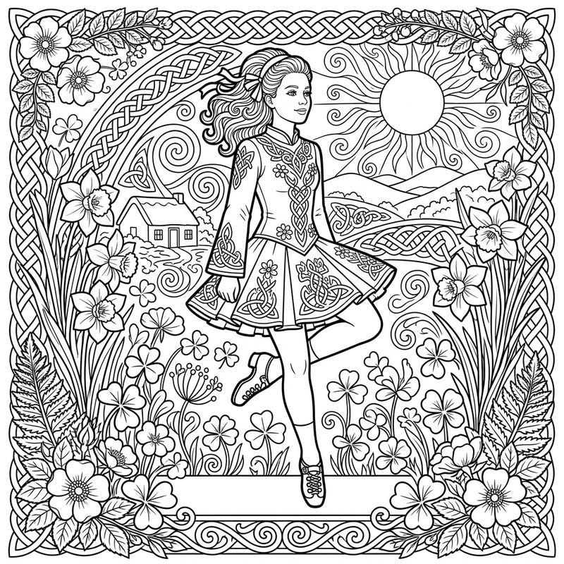 Step into the vibrant spirit of spring with this enchanting Irish Stepdance coloring page. Featuring a graceful dancer surrounded by blooming flowers and intricate Celtic designs, it's perfect for celebrating renewal and tradition.