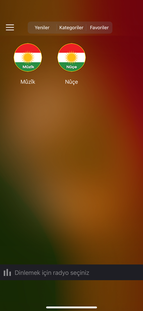Kürtçe Radyo - Radyoyê Kurdî - Menu screen of Kurdish Radio app with music and news categories