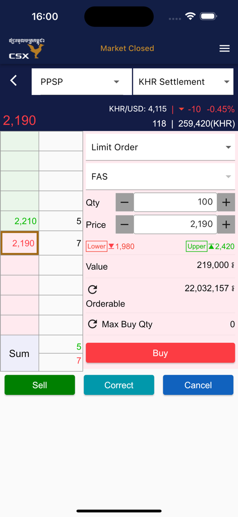 Interfaccia di trading dell'app mobile CSX Trade con opzioni di acquisto e vendita