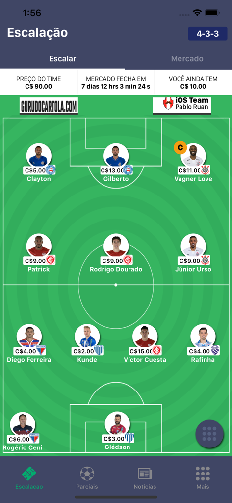Guru do Cartola - Guru do Cartola app screen showing a fantasy soccer team lineup in a 4-3-3 formation.