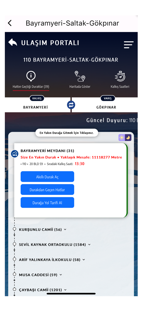 Denizli Municipality app transportation portal showing bus route and stop details