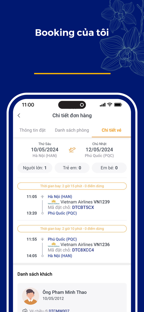 MyVinpearl App-Oberfläche mit Flugbuchungsdetails und Reiseplan für eine Vietnam Airlines-Reise