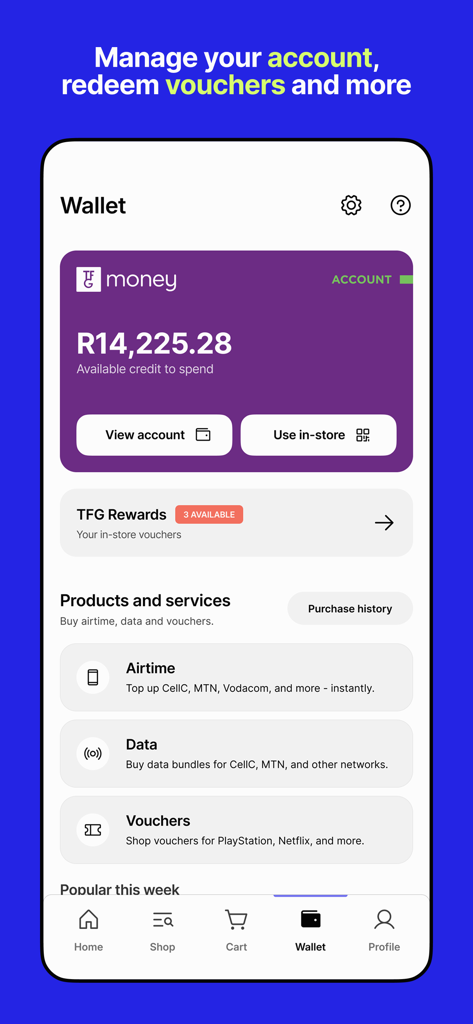 bash™ - Tela da carteira digital do aplicativo Bash exibindo saldo da conta e vouchers de recompensa