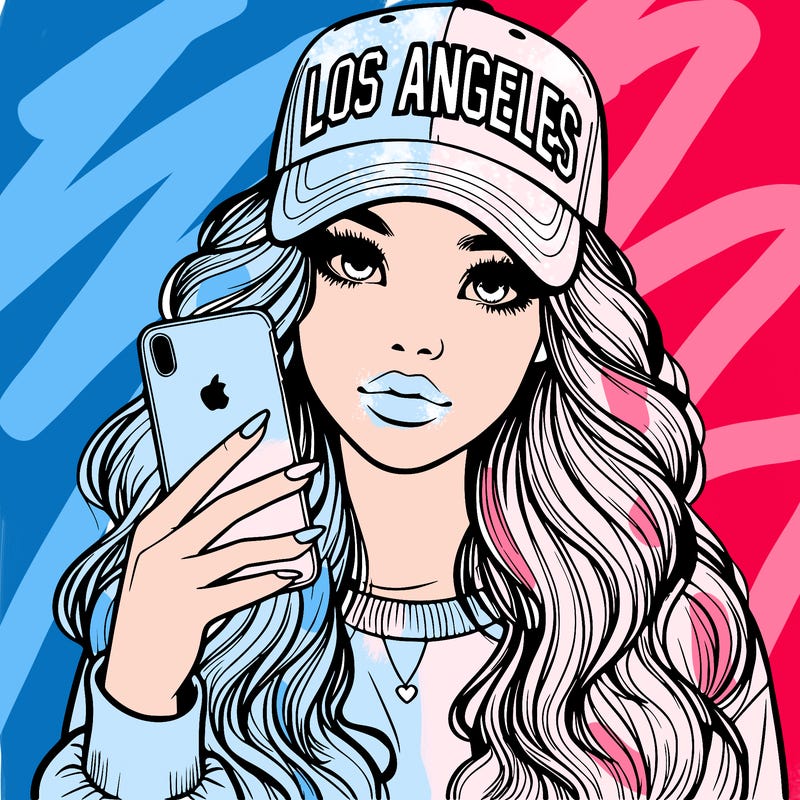 realistic beautiful girl wearing los ángeles cap holding an iphone