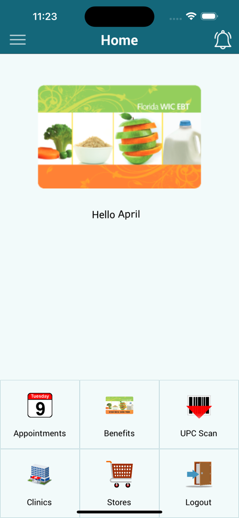 Florida WIC app home screen with navigation for benefits and scanning