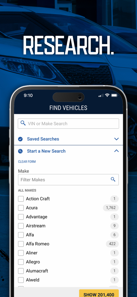 Manheim (Legacy) - Interfaz de búsqueda de vehículos de la aplicación Manheim Legacy con filtros de marca de coche y campo de búsqueda de VIN