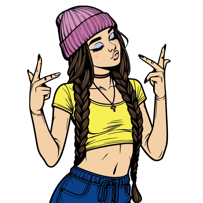 realistic teenage girl with braids and a beanie and crop top doing 🫶🏼