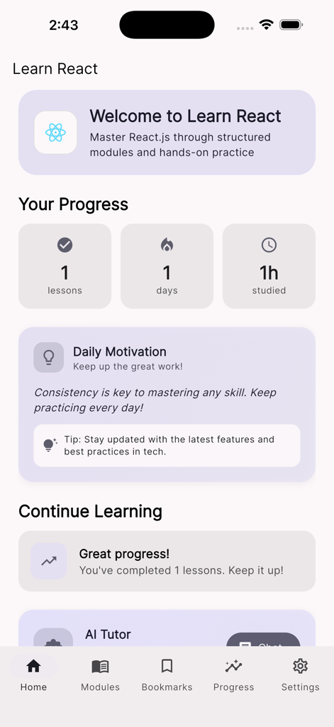 Startbildschirm der App Lerne React JS programmieren, der den Lernfortschritt und Lernstreaks zeigt