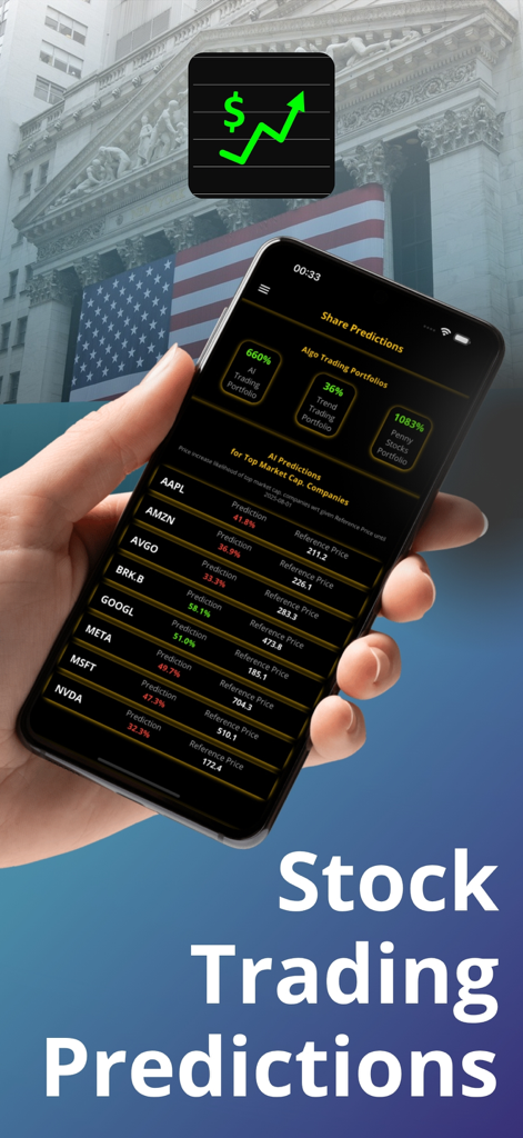 Stock Trading AI : SharePreds - Smartphone showing AI generated stock trading predictions and portfolio performance results.