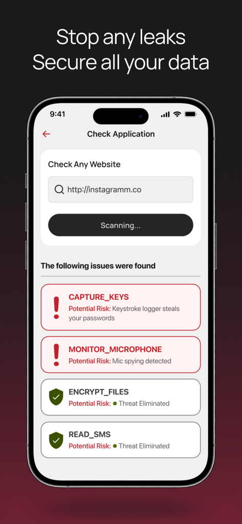 Interface de um aplicativo móvel mostrando uma verificação de segurança detectando loggers de teclas e espionagem de microfone.