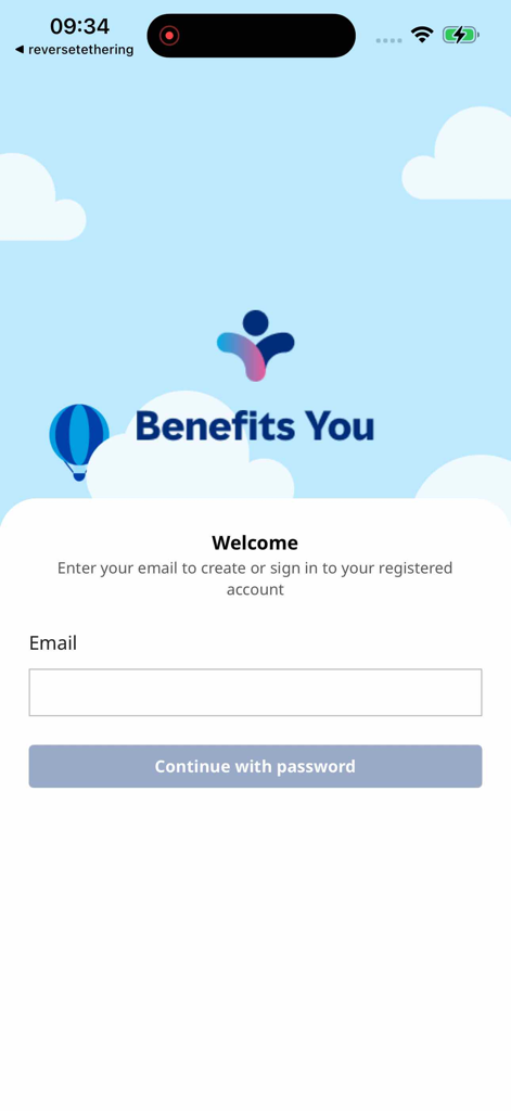Login screen of the Benefits You mobile app by Mercer with an email entry field