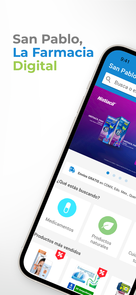 Pantalla de inicio de la aplicación móvil San Pablo Farmacia mostrando categorías de productos para medicinas y productos naturales