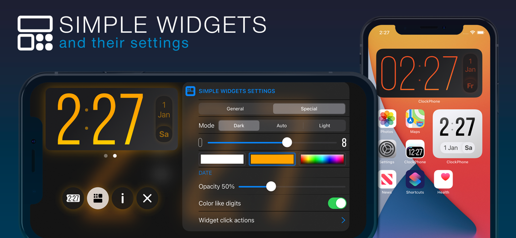 ClockPhone big digital clocks - ClockPhone simple widgets settings and home screen clock displays on iPhone
