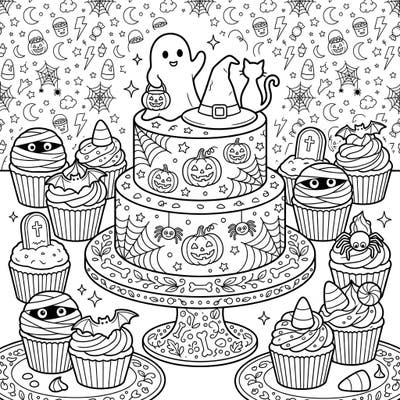 Celebrate the season of ghouls and goblins with this enchanting Halloween cake and cupcake coloring page. Adorned with friendly ghosts, smiling pumpkins, and eerie spiderwebs, it promises hours of creative fun.